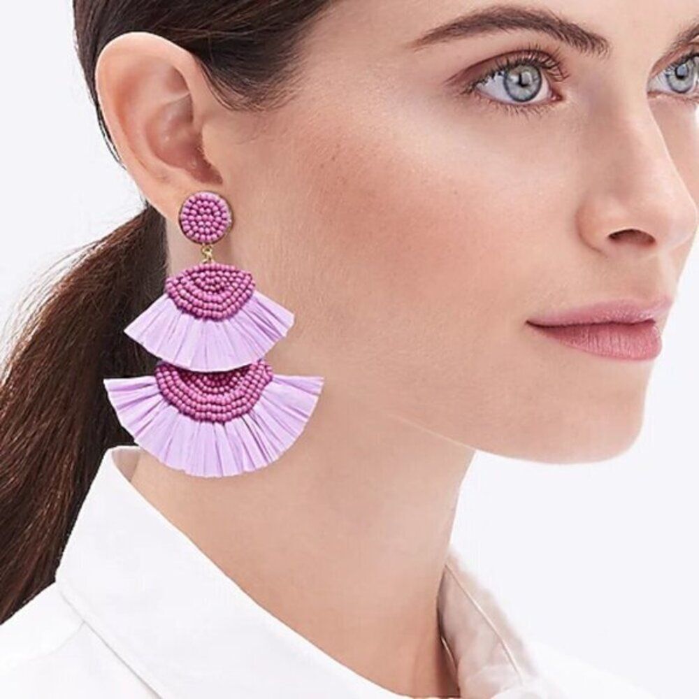 J Crew Women's Beaded Fan‎ Statement Earrings Chunky Drop Lavender Pink NEW $49